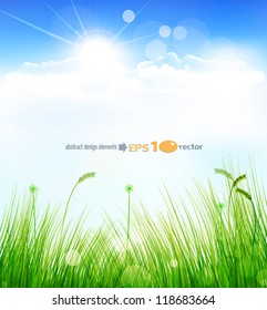 vector background with a blue sky, grass and sun