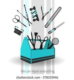 Vector background with blue toolbox, plane gray manicure and pedicure tools. Text - we can repair everything.