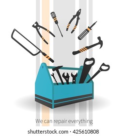 Vector background with blue toolbox and plane working tools. Text - What is in your toolbox?