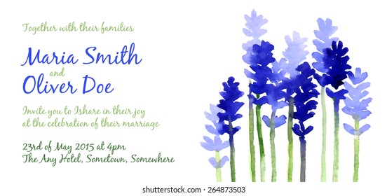 Vector background with blue watercolor lavender for wedding invitation or flyer