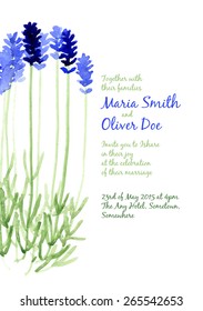 Vector background with blue watercolor lavender for wedding invitation or flyer
