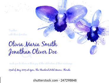 Vector background with blue watercolor orchids for wedding invitation or flyer