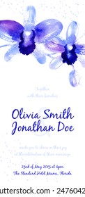 Vector background with blue watercolor orchids for wedding invitation or flyer