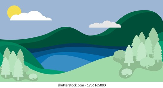 Vector background in blue-green colors. Clean lake in the mountains during the day. Flat illustration.