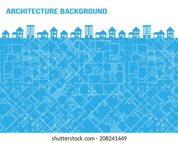 vector background with blueprint and silhouettes of houses