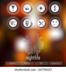 Vector background blur. Icons, long shadows, flat minimalistic design identity. Nightlife, night city. Web template mobile interface. Corporate website design. Background. Blurred