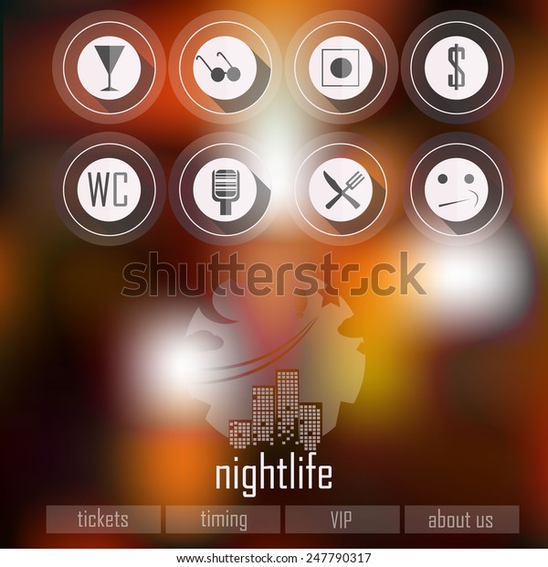 Vector\
background blur. Icons, long shadows, flat minimalistic design\
identity. Nightlife, night city. Web template mobile interface.\
Corporate website design. Background.\
Blurred