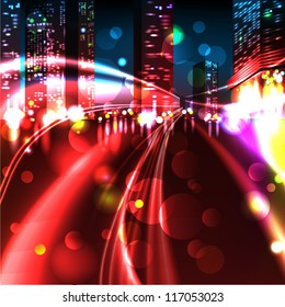 Vector background. Blurred Defocused Lights of Heavy Traffic on a Wet Rainy