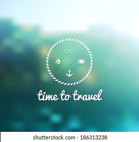 Vector background, blurred landscape nature. Mountain view with hipster badge. Template for poster. Time to travel wallpaper.