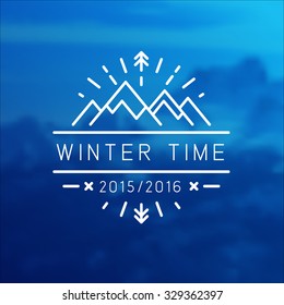 Vector background, blurred landscape nature. Mountain view with hipster badge. Template for poster. Winter time wallpaper.