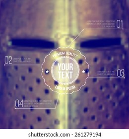 Vector background with blurred medieval helmet and label. Metal texture.