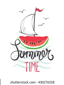 Vector background with boat of the watermelons / Funny summer hand drawing calligraphy