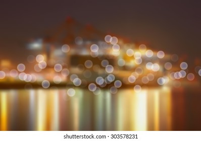 Vector Background with bokeh of cargo ship and crane at port reflect on water