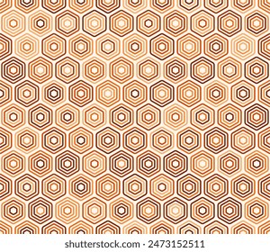 Vector background. Bold stacked rounded hexagons mosaic cells. Orange color tones. Hexagonal shapes. Tileable pattern. Seamless vector illustration.