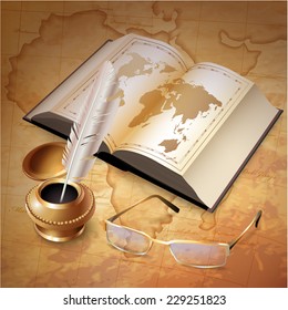 Vector background with a book, glasses and inkwell with a pen