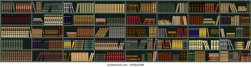 Vektorhintergrund aus Büchern. Bibliothek. Grosses Bücherregal in der Bibliothek, Shop mit vielen verschiedenen Büchern.