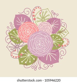 Vector background with bouquet of blooming roses. Stylized flowers, leaves, branches. Invitation and greeting card for wedding and holiday. Romantic abstract floral illustration.
