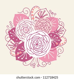 Vector background with bouquet of blooming roses. Stylized flowers, leaves, branches. Invitation and greeting card for wedding and holiday. Romantic abstract floral illustration in tints of pink