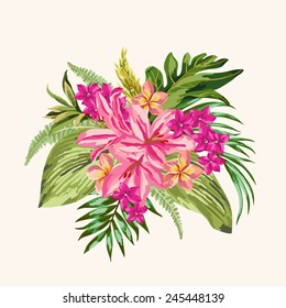 Vector background with a bouquet of tropical flowers