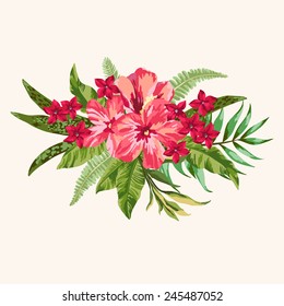 Vector background with a bouquet of tropical flowers