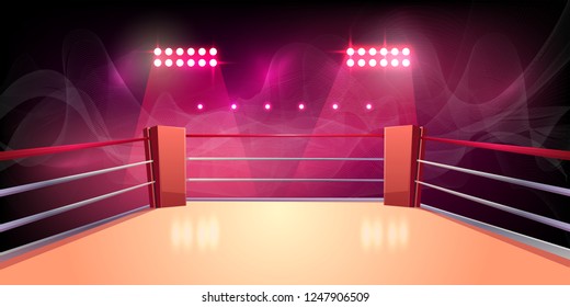 Vector background of boxing ring, illuminated sports area for fighting, dangerous sport. Empty arena with spotlights, shining lights, ropes. Place for wrestling, presentation of match, competition.