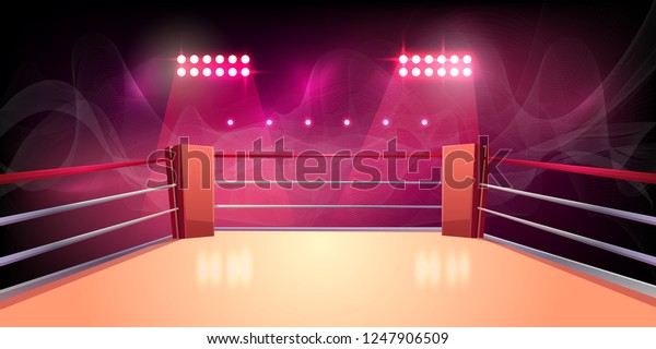 Vector background of boxing ring,\
illuminated sports area for fighting, dangerous sport. Empty arena\
with spotlights, shining lights, ropes. Place for wrestling,\
presentation of match,\
competition.
