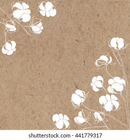 Vector background with branch of cotton on kraft paper. Can be greeting card, invitation, design element.