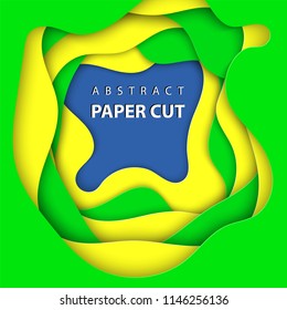 Vector background with brazilian flag colors paper cut shapes. 3D abstract paper art style, design layout for business presentations, flyers, posters, prints, decoration, cards, brochure cover.