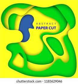 Vector background with brazilian flag colors paper cut shapes. 3D abstract paper art style, design layout for business presentations, flyers, posters, prints, decoration, cards, brochure cover.