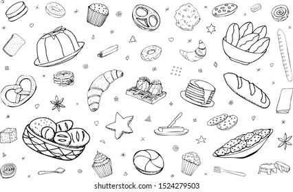 Vector background with bread, pastries and goodies. Useful for packaging, menu design and interior decoration of the bakery. Hand drawn doodles. Baking elements on a white background.