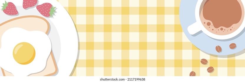 vector background with breakfast with a fried egg, bread, strawberries and a cup of coffee for banners, cards, flyers, social media wallpapers, etc.