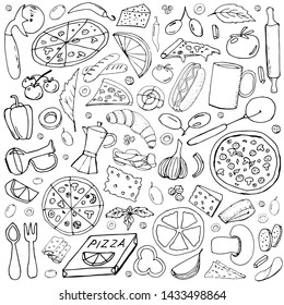 Vector background with breakfast, lunch, coffee, pizza, snacks. Useful for packaging, menu design and interior decoration. Hand drawn doodles.  Sketchy collection of food elements on white background.