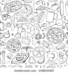 Vector background with breakfast, lunch, coffee, pizza, snacks. Useful for packaging, menu design and interior decoration. Hand drawn doodles.  Seamless pattern of food elements on white background.