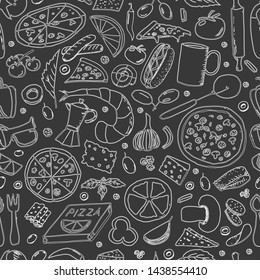 Vector background with breakfast, lunch, coffee, pizza, snacks. Useful for packaging, menu design and interior decoration. Hand drawn doodles.  Seamless pattern of food elements on black background.