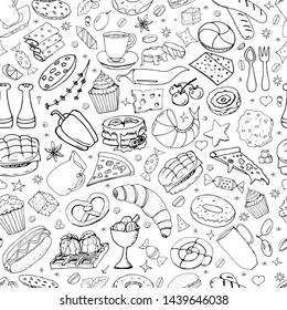 Vector background with breakfast, lunch, coffee, pizza, snacks. Useful for packaging, menu design and interior decoration. Hand drawn doodles.  Seamless pattern of food elements on white background.