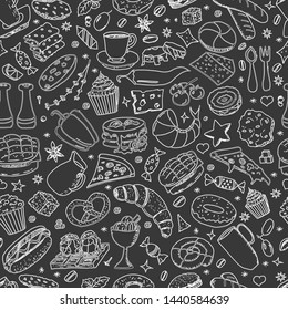 Vector background with breakfast, lunch, coffee, pizza, snacks. Useful for packaging, menu design and interior decoration. Hand drawn doodles.  Seamless pattern of food elements on black background