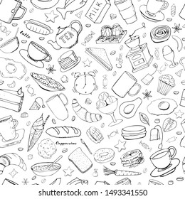 Vector background with breakfast, lunch, coffee, tea, snacks. Useful for packaging, menu design and interior decoration. Hand drawn doodles.  Seamless pattern of food elements on white background.