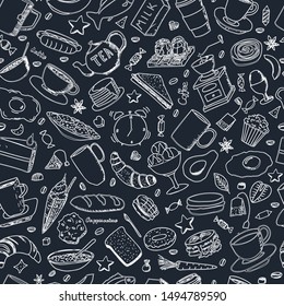 Vector background with breakfast, lunch, coffee, tea, snacks. Useful for packaging, menu design and interior decoration. Hand drawn doodles.  Seamless pattern of food elements on white background.