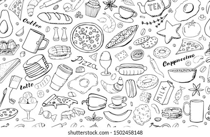 Vector background with breakfast, lunch, coffee, pizza, snacks. Useful for packaging, menu design and interior decoration. Hand drawn doodles.  Seamless pattern of food elements on white background.