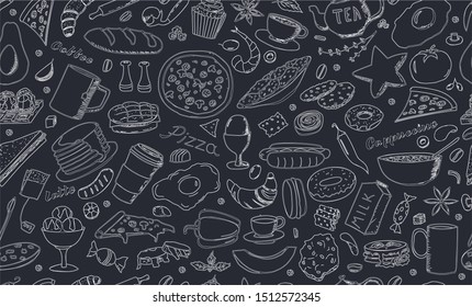 Vector background with breakfast, lunch, coffee, pizza, snacks. Useful for packaging, menu design and interior decoration. Hand drawn doodles.  Seamless pattern of food elements on black background.