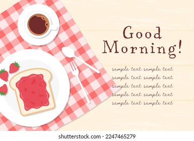 vector background with breakfast with strawberry jam on toast and coffee on the table for banners, cards, flyers, social media wallpapers, etc.