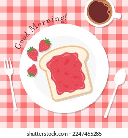 vector background with breakfast with strawberry jam on toast and coffee on the table for banners, cards, flyers, social media wallpapers, etc.