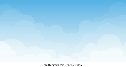 Fundo do vetor com céu azul brilhante com nuvens brancas macias e gradiente suave. Estilo minimalista e suave de desenho animado. Perfeito para web design, banners, apresentações e conteúdo infantil.