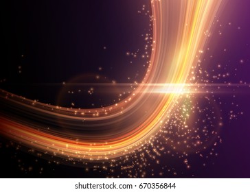 Vector background. Bright glowing curve on dark, with light particles.