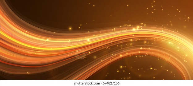 Vector background. Bright glowing curve on dark, with light particles.