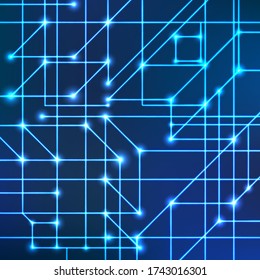 Vector background of bright neon lines with intersection nodes.Data transmission concept of networks and neural networks.Geometric pattern of squares of cubes and triangles