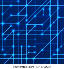 Vector background of bright neon lines with intersection nodes. Concept of data transmission networks and neural networks.Geometric pattern of squares of cubes on a blue background