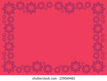 Vector background in bright red with purple floral pattern as border and copy space in center