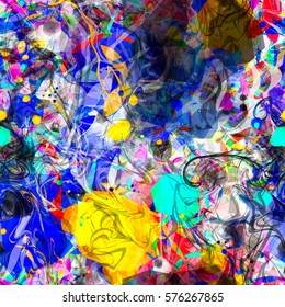 Vector background. Bright seamless colorful pattern. Splatter abstract texture with wavy lines.