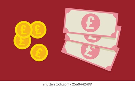 Vector background with British pound bills and coins. Business or economics concept illustration